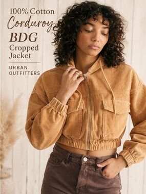 BDG Urban Outfitters 100% Cotton Corduroy Cropped Hooded Jacket Small Rust NWOT